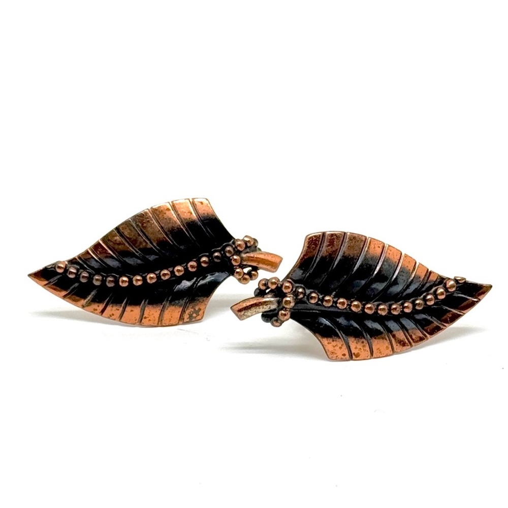 Whiting & Davis Copper Leaf Earrings Vintage Clip-On